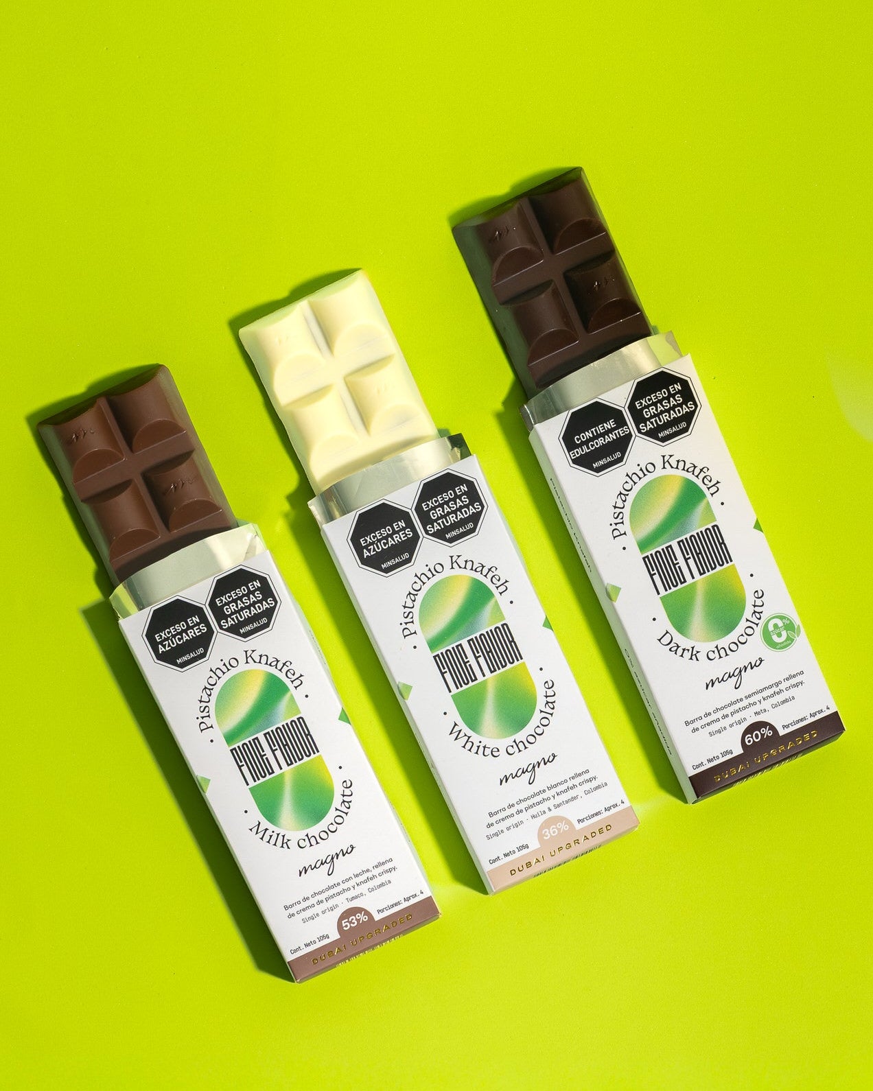 Barras de Dubai en chocolate de leche, blanco y oscuro sin azúcar