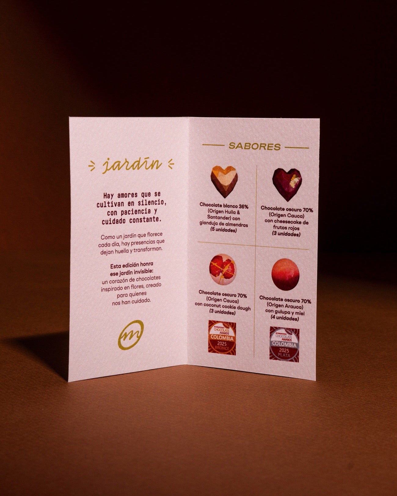 Menu de sabores edicion de chocolates Jardin